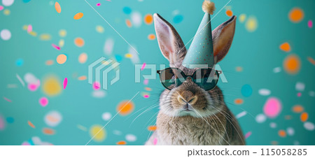 Happy birthday card concept. Rabbit with party hat and sunglasses celebrating birthday, carnival, New Year's eve, sylvester or other festive celebration 115058285