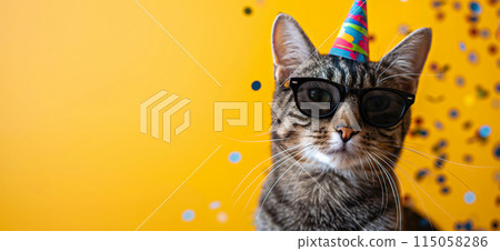 Happy birthday card concept. Cat with party hat and sunglasses celebrating birthday, carnival, New Year's eve, sylvester or other festive celebration 115058286