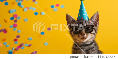Happy birthday card concept. Cat with party hat and sunglasses celebrating birthday, carnival, New Year's eve, sylvester or other festive celebration 115058287