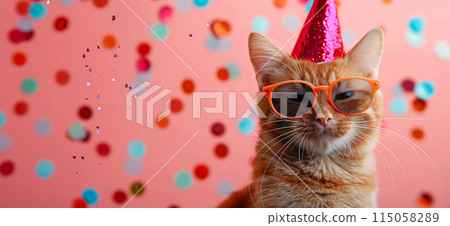 Happy birthday card concept. Cat with party hat and sunglasses celebrating birthday, carnival, New Year's eve, sylvester or other festive celebration 115058289