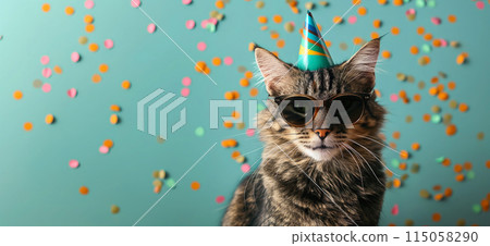 Happy birthday card concept. Cat with party hat and sunglasses celebrating birthday, carnival, New Year's eve, sylvester or other festive celebration Happy birthday card concept. Cat with party hat and sunglasses celebrating birthday, carnival, New Year's eve, sylvester or other festive celebration 115058290