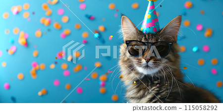 Happy birthday card concept. Cat with party hat and sunglasses celebrating birthday, carnival, New Year's eve, sylvester or other festive celebration 115058292