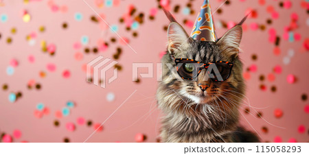 Happy birthday card concept. Cat with party hat and sunglasses celebrating birthday, carnival, New Year's eve, sylvester or other festive celebration 115058293