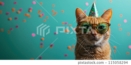 Happy birthday card concept. Cat with party hat and sunglasses celebrating birthday, carnival, New Year's eve, sylvester or other festive celebration 115058294