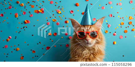Happy birthday card concept. Cat with party hat and sunglasses celebrating birthday, carnival, New Year's eve, sylvester or other festive celebration 115058296