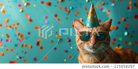 Happy birthday card concept. Cat with party hat and sunglasses celebrating birthday, carnival, New Year's eve, sylvester or other festive celebration Happy birthday card concept. Cat with party hat and sunglasses celebrating birthday, carnival, New Year's eve, sylvester or other festive celebration 115058297