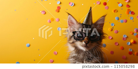 Happy birthday card concept. Cat with party hat and sunglasses celebrating birthday, carnival, New Year's eve, sylvester or other festive celebration Happy birthday card concept. Cat with party hat and sunglasses celebrating birthday, carnival, New Year's eve, sylvester or other festive celebration 115058298
