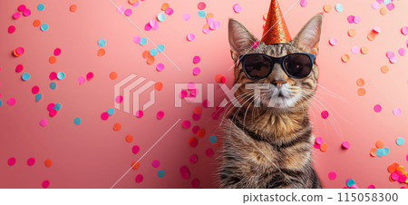 Happy birthday card concept. Cat with party hat and sunglasses celebrating birthday, carnival, New Year's eve, sylvester or other festive celebration Happy birthday card concept. Cat with party hat and sunglasses celebrating birthday, carnival, New Year's eve, sylvester or other festive celebration 115058300