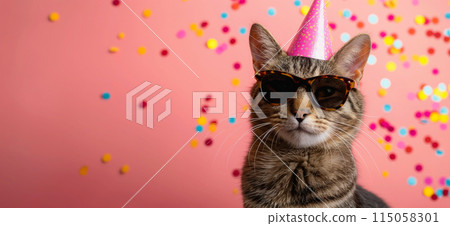 Happy birthday card concept. Cat with party hat and sunglasses celebrating birthday, carnival, New Year's eve, sylvester or other festive celebration Happy birthday card concept. Cat with party hat and sunglasses celebrating birthday, carnival, New Year's eve, sylvester or other festive celebration 115058301