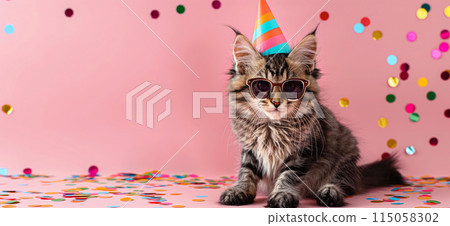 Happy birthday card concept. Cat with party hat and sunglasses celebrating birthday, carnival, New Year's eve, sylvester or other festive celebration 115058302
