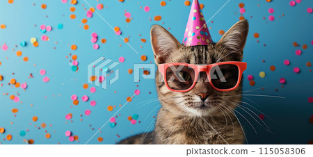 Happy birthday card concept. Cat with party hat and sunglasses celebrating birthday, carnival, New Year's eve, sylvester or other festive celebration 115058306