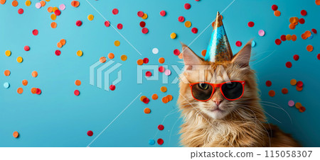 Happy birthday card concept. Cat with party hat and sunglasses celebrating birthday, carnival, New Year's eve, sylvester or other festive celebration Happy birthday card concept. Cat with party hat and sunglasses celebrating birthday, carnival, New Year's eve, sylvester or other festive celebration 115058307