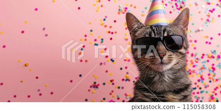 Happy birthday card concept. Cat with party hat and sunglasses celebrating birthday, carnival, New Year's eve, sylvester or other festive celebration 115058308
