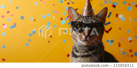 Happy birthday card concept. Cat with party hat and sunglasses celebrating birthday, carnival, New Year's eve, sylvester or other festive celebration Happy birthday card concept. Cat with party hat and sunglasses celebrating birthday, carnival, New Year's eve, sylvester or other festive celebration 115058311