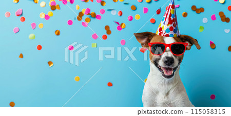 Happy birthday card concept. Dog with party hat and sunglasses celebrating birthday, carnival, New Year's eve, sylvester or other festive celebration Happy birthday card concept. Dog with party hat and sunglasses celebrating birthday, carnival, New Year's eve, sylvester or other festive celebration 115058315
