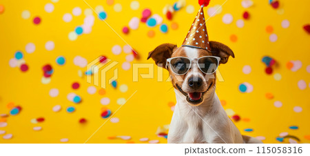 Happy birthday card concept. Dog with party hat and sunglasses celebrating birthday, carnival, New Year's eve, sylvester or other festive celebration Happy birthday card concept. Dog with party hat and sunglasses celebrating birthday, carnival, New Year's eve, sylvester or other festive celebration 115058316
