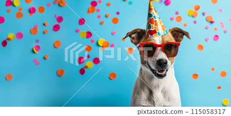 Happy birthday card concept. Dog with party hat and sunglasses celebrating birthday, carnival, New Year's eve, sylvester or other festive celebration Happy birthday card concept. Dog with party hat and sunglasses celebrating birthday, carnival, New Year's eve, sylvester or other festive celebration 115058317