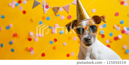 Happy birthday card concept. Dog with party hat and sunglasses celebrating birthday, carnival, New Year's eve, sylvester or other festive celebration Happy birthday card concept. Dog with party hat and sunglasses celebrating birthday, carnival, New Year's eve, sylvester or other festive celebration 115058319