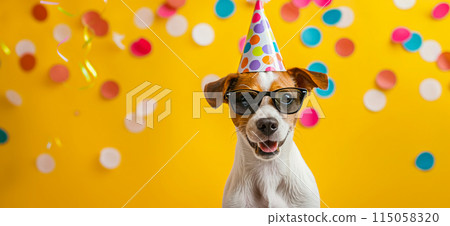 Happy birthday card concept. Dog with party hat and sunglasses celebrating birthday, carnival, New Year's eve, sylvester or other festive celebration 115058320