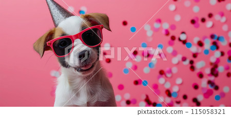 Happy birthday card concept. Dog with party hat and sunglasses celebrating birthday, carnival, New Year's eve, sylvester or other festive celebration 115058321