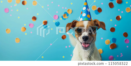 Happy birthday card concept. Dog with party hat and sunglasses celebrating birthday, carnival, New Year's eve, sylvester or other festive celebration Happy birthday card concept. Dog with party hat and sunglasses celebrating birthday, carnival, New Year's eve, sylvester or other festive celebration 115058322
