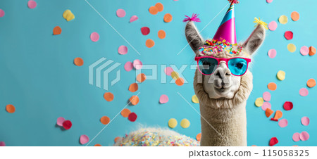 Happy birthday card concept. Llama with party hat and sunglasses celebrating birthday, carnival, New Year's eve, sylvester or other festive celebration 115058325
