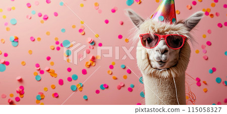 Happy birthday card concept. Llama with party hat and sunglasses celebrating birthday, carnival, New Year's eve, sylvester or other festive celebration Happy birthday card concept. Llama with party hat and sunglasses celebrating birthday, carnival, New Year's eve, sylvester or other festive celebration 115058327