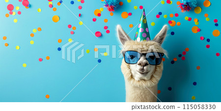 Happy birthday card concept. Llama with party hat and sunglasses celebrating birthday, carnival, New Year's eve, sylvester or other festive celebration Happy birthday card concept. Llama with party hat and sunglasses celebrating birthday, carnival, New Year's eve, sylvester or other festive celebration 115058330