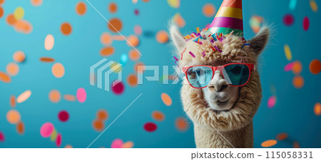 Happy birthday card concept. Llama with party hat and sunglasses celebrating birthday, carnival, New Year's eve, sylvester or other festive celebration 115058331