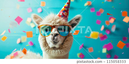 Happy birthday card concept. Llama with party hat and sunglasses celebrating birthday, carnival, New Year's eve, sylvester or other festive celebration 115058333