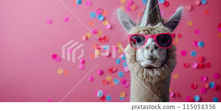 Happy birthday card concept. Llama with party hat and sunglasses celebrating birthday, carnival, New Year's eve, sylvester or other festive celebration Happy birthday card concept. Llama with party hat and sunglasses celebrating birthday, carnival, New Year's eve, sylvester or other festive celebration 115058336