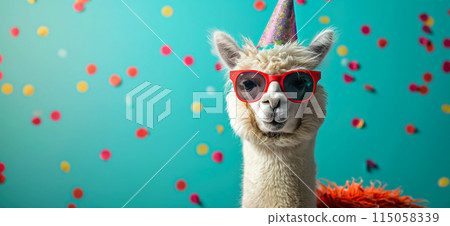 Happy birthday card concept. Llama with party hat and sunglasses celebrating birthday, carnival, New Year's eve, sylvester or other festive celebration 115058339