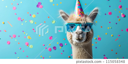 Happy birthday card concept. Llama with party hat and sunglasses celebrating birthday, carnival, New Year's eve, sylvester or other festive celebration 115058348