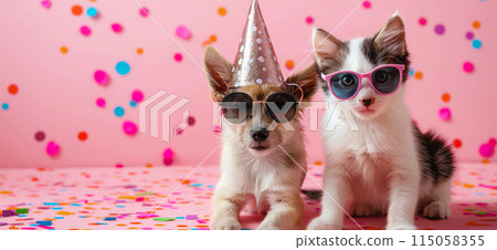 Happy birthday card concept. Pets with party hat and sunglasses celebrating birthday, carnival, New Year's eve, sylvester or other festive celebration 115058355