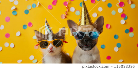 Happy birthday card concept. Pets with party hat and sunglasses celebrating birthday, carnival, New Year's eve, sylvester or other festive celebration 115058356