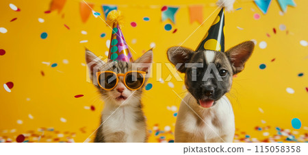 Happy birthday card concept. Pets with party hat and sunglasses celebrating birthday, carnival, New Year's eve, sylvester or other festive celebration 115058358