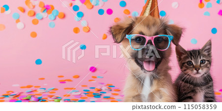 Happy birthday card concept. Pets with party hat and sunglasses celebrating birthday, carnival, New Year's eve, sylvester or other festive celebration Happy birthday card concept. Pets with party hat and sunglasses celebrating birthday, carnival, New Year's eve, sylvester or other festive celebration 115058359
