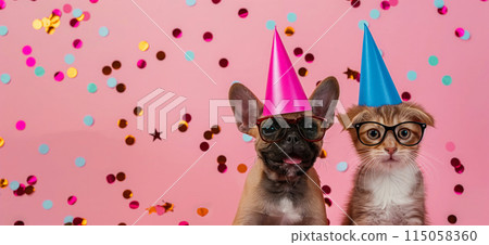 Happy birthday card concept. Pets with party hat and sunglasses celebrating birthday, carnival, New Year's eve, sylvester or other festive celebration 115058360