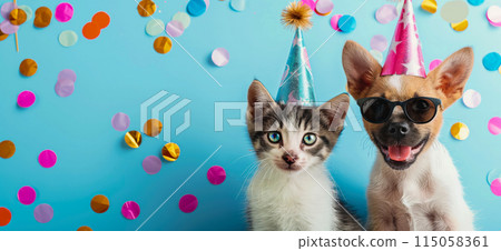 Happy birthday card concept. Pets with party hat and sunglasses celebrating birthday, carnival, New Year's eve, sylvester or other festive celebration Happy birthday card concept. Pets with party hat and sunglasses celebrating birthday, carnival, New Year's eve, sylvester or other festive celebration 115058361
