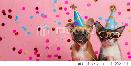Happy birthday card concept. Pets with party hat and sunglasses celebrating birthday, carnival, New Year's eve, sylvester or other festive celebration 115058364