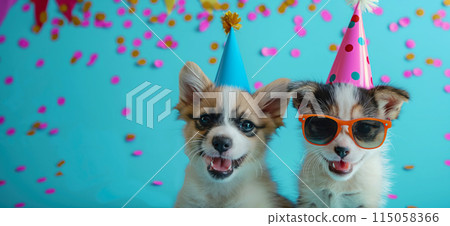 Happy birthday card concept. Pets with party hat and sunglasses celebrating birthday, carnival, New Year's eve, sylvester or other festive celebration 115058366