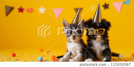 Happy birthday card concept. Pets with party hat and sunglasses celebrating birthday, carnival, New Year's eve, sylvester or other festive celebration 115058367