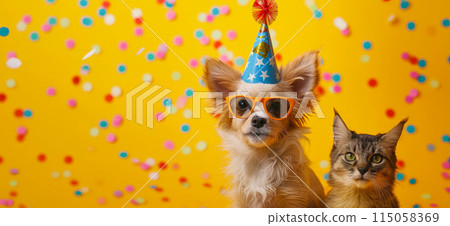 Happy birthday card concept. Pets with party hat and sunglasses celebrating birthday, carnival, New Year's eve, sylvester or other festive celebration 115058369