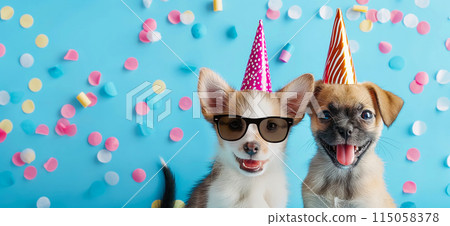 Happy birthday card concept. Pets with party hat and sunglasses celebrating birthday, carnival, New Year's eve, sylvester or other festive celebration Happy birthday card concept. Pets with party hat and sunglasses celebrating birthday, carnival, New Year's eve, sylvester or other festive celebration 115058378