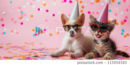 Happy birthday card concept. Pets with party hat and sunglasses celebrating birthday, carnival, New Year's eve, sylvester or other festive celebration 115058383