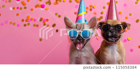 Happy birthday card concept. Pets with party hat and sunglasses celebrating birthday, carnival, New Year's eve, sylvester or other festive celebration 115058384