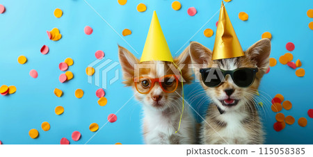 Happy birthday card concept. Pets with party hat and sunglasses celebrating birthday, carnival, New Year's eve, sylvester or other festive celebration 115058385