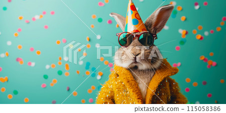 Happy birthday card concept. Rabbit with party hat and sunglasses celebrating birthday, carnival, New Year's eve, sylvester or other festive celebration Happy birthday card concept. Rabbit with party hat and sunglasses celebrating birthday, carnival, New Year's eve, sylvester or other festive celebration 115058386