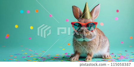 Happy birthday card concept. Rabbit with party hat and sunglasses celebrating birthday, carnival, New Year's eve, sylvester or other festive celebration 115058387