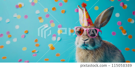 Happy birthday card concept. Rabbit with party hat and sunglasses celebrating birthday, carnival, New Year's eve, sylvester or other festive celebration 115058389